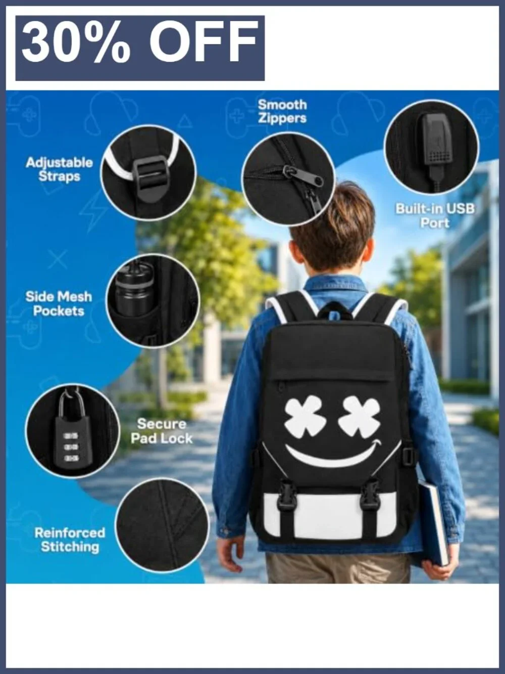 3-Piece Glow in the Dark Backpack Set with USB Port, Waterproof, School Kids